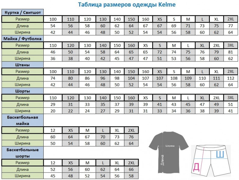 Таблица размеров одежды Kelme